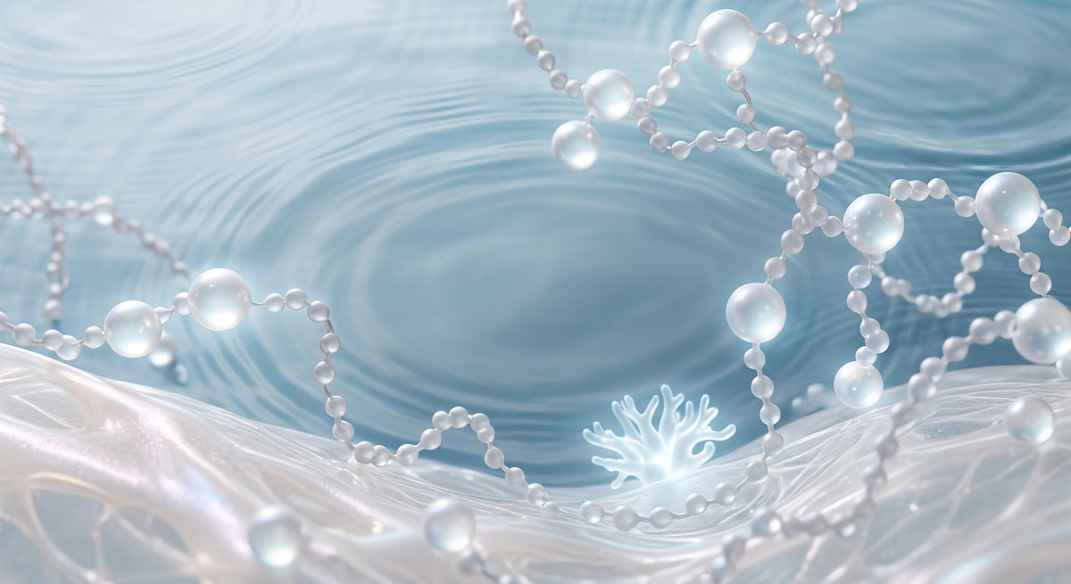 A close-up of a translucent white beaded strand with a glowing, luminous flower-like bead, set against a soft blue water ripple background.
